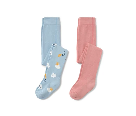Deux collants pour tout-petits : un bleu clair avec des motifs de nuages, de soleil et de cerf-volant, l’autre rose.