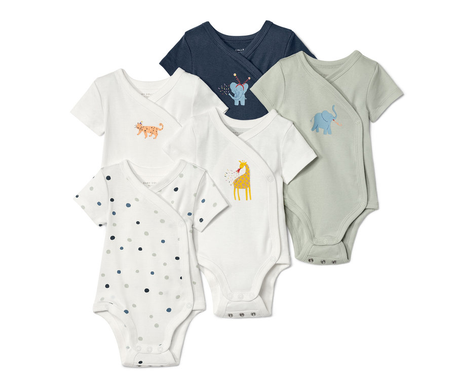 Cinq bodys évolutifs pour bébé à manches courtes en blanc, bleu et vert avec des imprimés d'animaux.