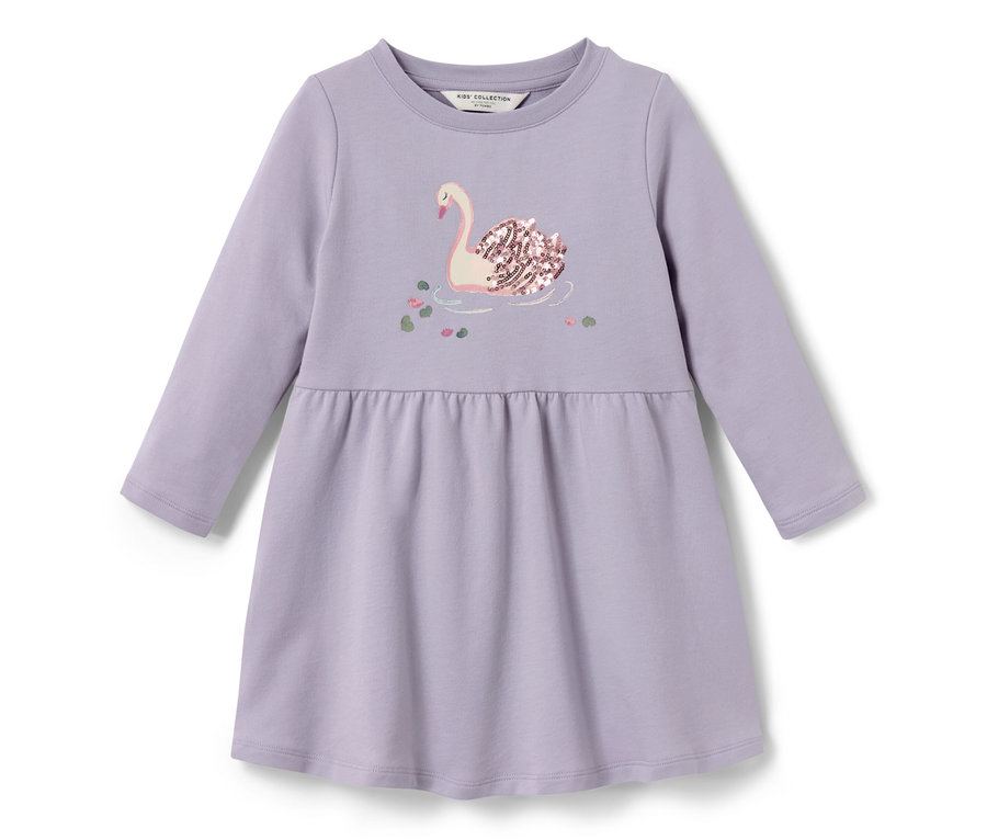 Robe en sweat lilas pour enfant avec un cygne à paillettes sur la poitrine.