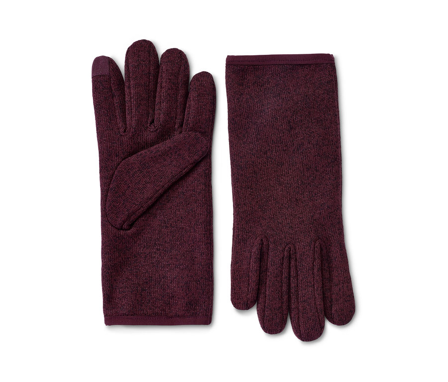 Deux gants violets en maille polaire sont posés l'un à côté de l'autre sur un fond blanc.