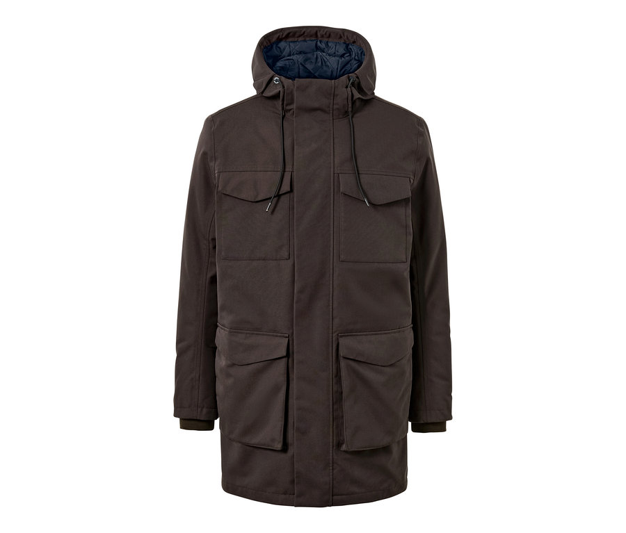 Parka marron avec capuche et plusieurs poches.