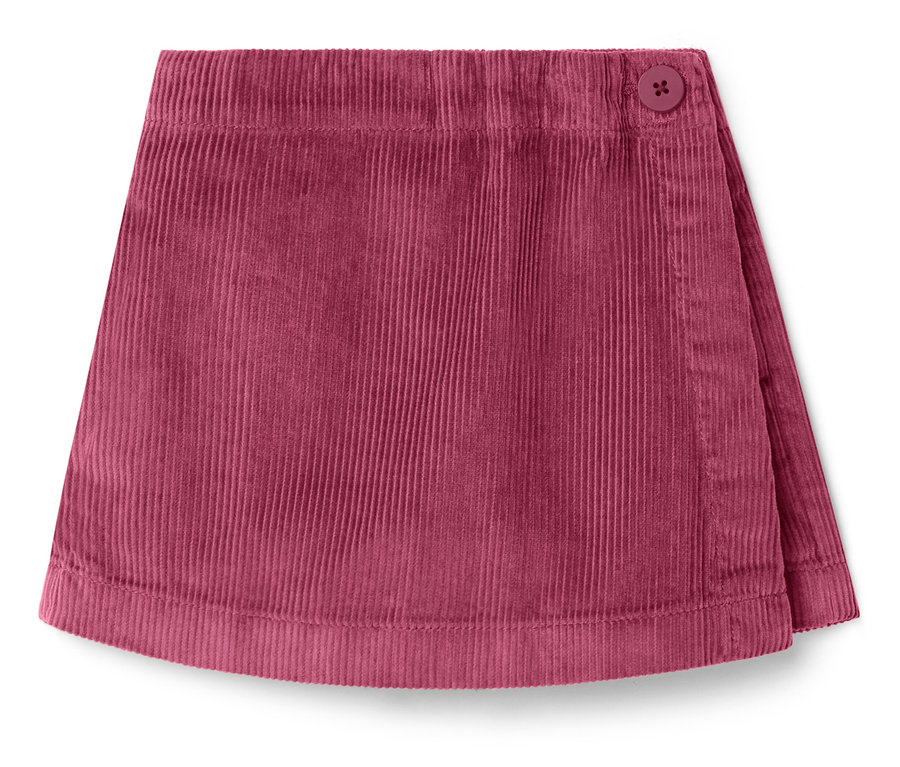Jupe en velours côtelé bordeaux avec bouton.