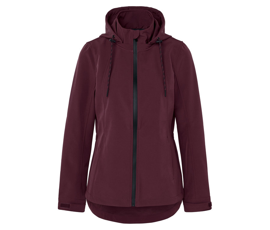 Veste bordeaux avec capuche et fermeture éclair noire au centre.