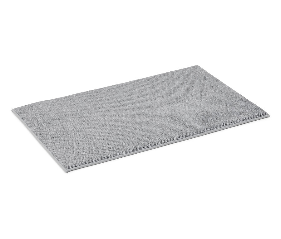 Tapis de bain rectangulaire gris sur fond blanc.