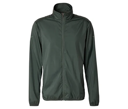 Veste de sport longue vert foncé avec fermeture éclair et col montant sur fond blanc.