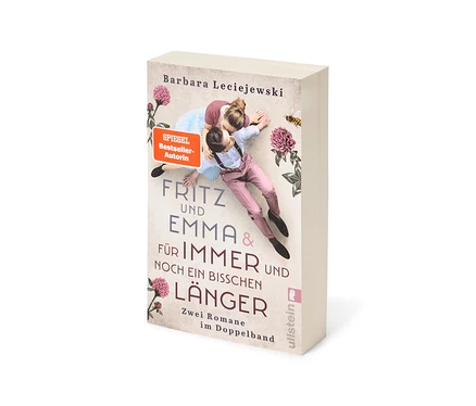Couverture du livre « Fritz und Emma & Für immer und noch ein bisschen länger » de Barbara Leciejewski, montrant un garçon et une fille allongés sur le sol, entourés de trèfles et d'une abeille. Un sceau rouge indique qu'elle est une auteure best-seller SPIEGEL. En bas, il est écrit « Deux romans en un seul volume » et « ullstein ».