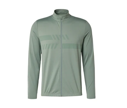Veste de sport vert clair à manches longues, col montant et fermeture éclair intégrale, avec des motifs à rayures plus foncées sur la poitrine et les poignets.