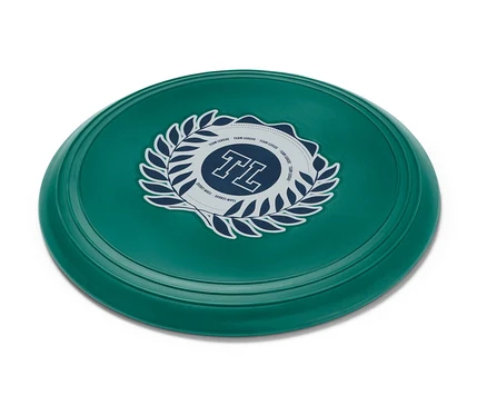 Un disque volant souple vert avec un logo sur fond blanc.