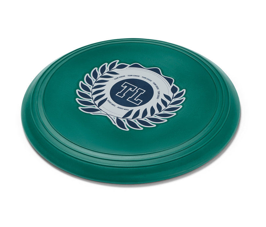 Un disque volant souple vert avec un logo sur fond blanc.
