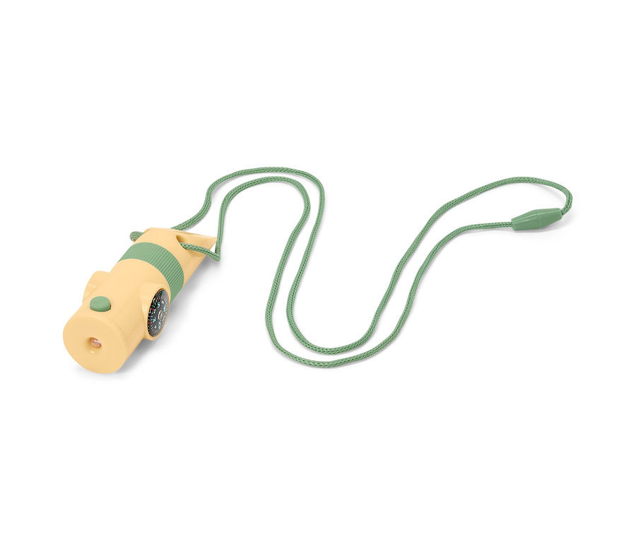 Outil compact jaune pour l’extérieur avec une corde verte.