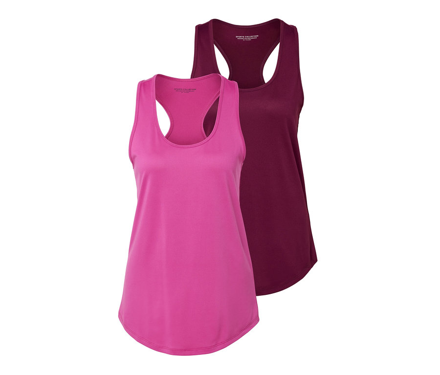 Deux tops techniques, un rose vif et un rose baie.