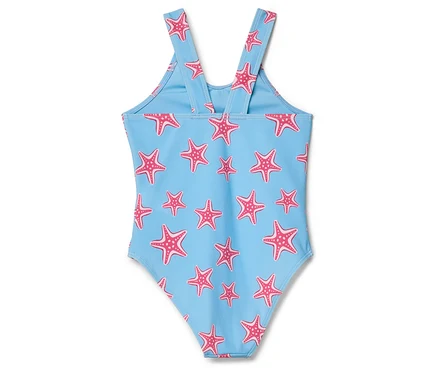 Maillot de bain bleu clair avec étoiles de mer roses.