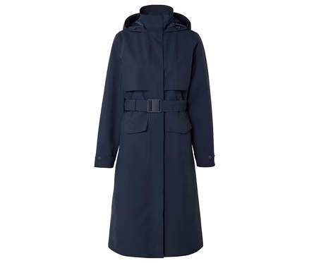 Imperméable long bleu marine avec capuche et ceinture à boucle.