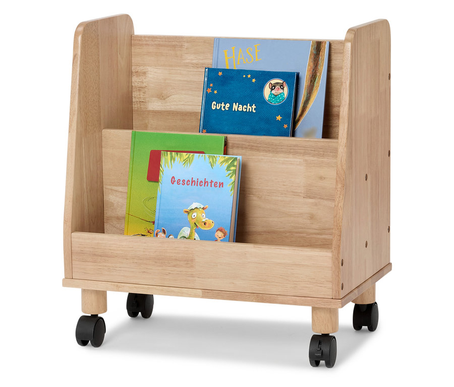 Étagère à livres pour enfant sur roulettes en bois clair, avec deux niveaux remplis de livres colorés.