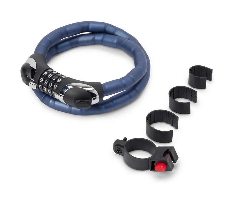 Câble antivol blindé bleu à LED avec support.