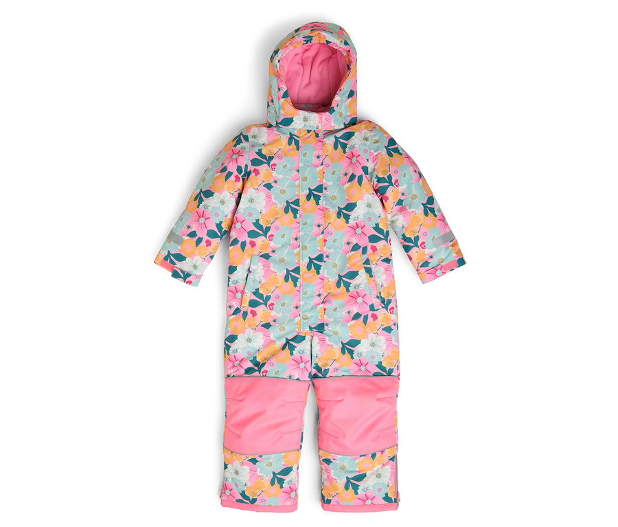 Combinaison pour enfant à motif floral avec jambes de pantalon roses.