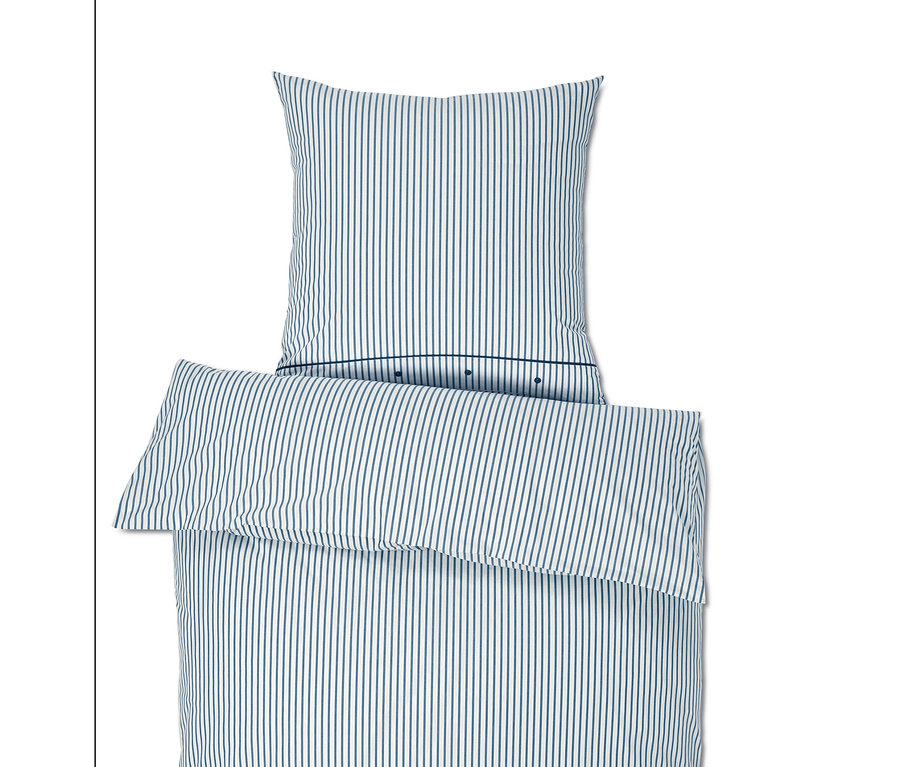 Vue de dessus d'une parure de lit en percale de taille standard avec des rayures bleu-vert.