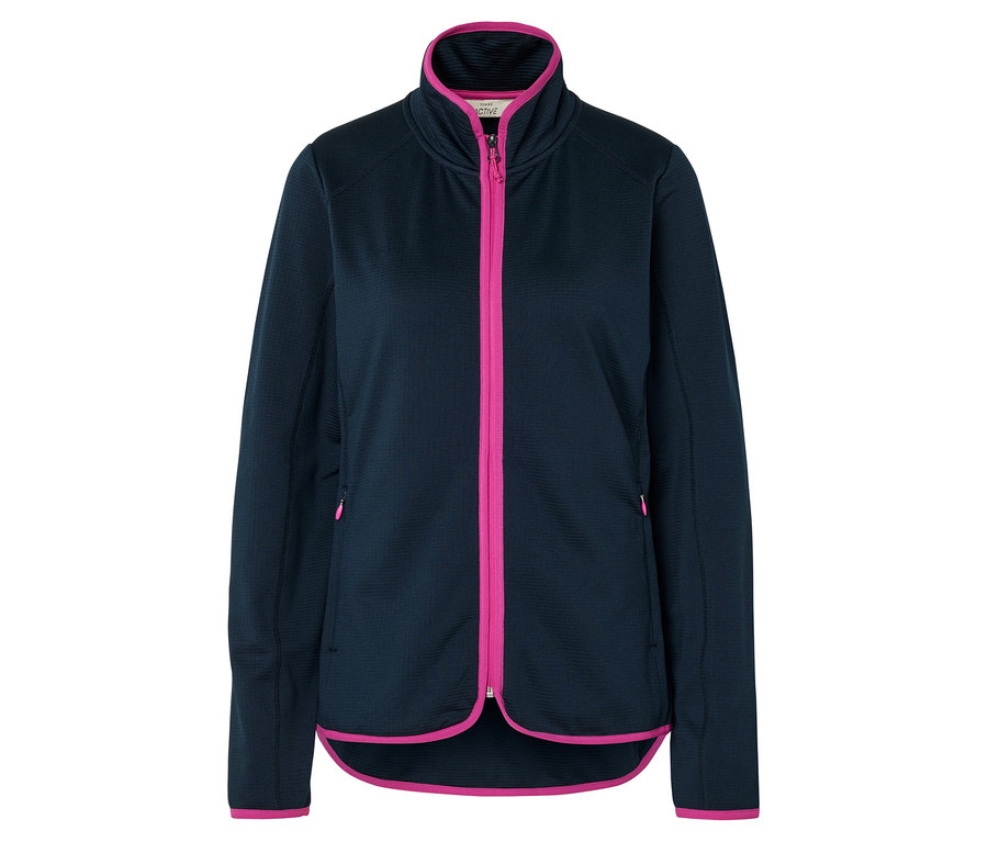 Veste polaire bleu marine avec fermeture éclair et poignets roses.