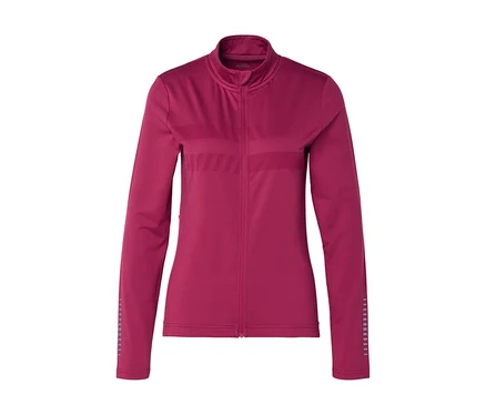 Veste de sport magenta à manches longues avec une fermeture éclair intégrale, un col montant, une bande horizontale texturée sur la poitrine et des bandes verticales texturées sur les avant-bras.