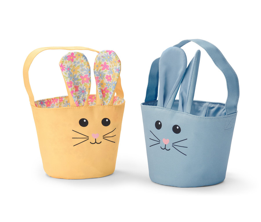 Deux sacs de Pâques à collectionner : un jaune avec des oreilles à fleurs et un bleu avec des oreilles bleues.