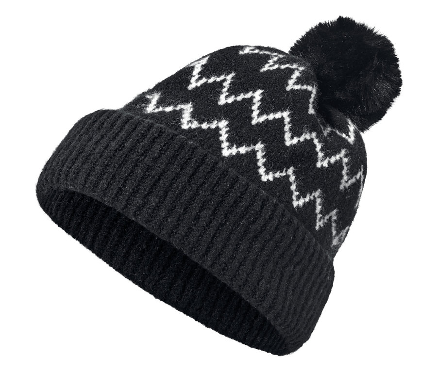Un bonnet en maille noir avec motif zigzag et pompon.