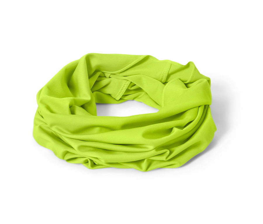 Un foulard multifonction jaune est posé sur un fond blanc.