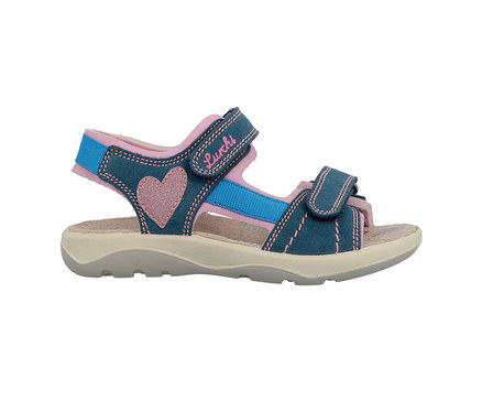 Sandale Lurchi en jean bleu avec détails roses et motif de cœur.