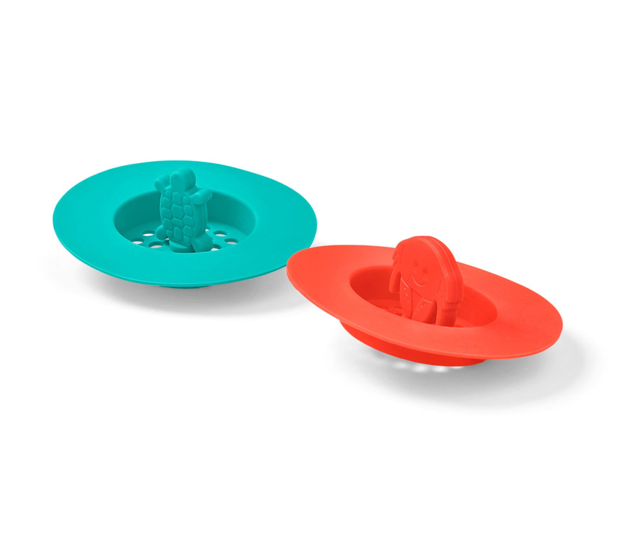 Deux tamis d’évier en silicone: un turquoise avec une tortue et un rouge avec un éléphant.