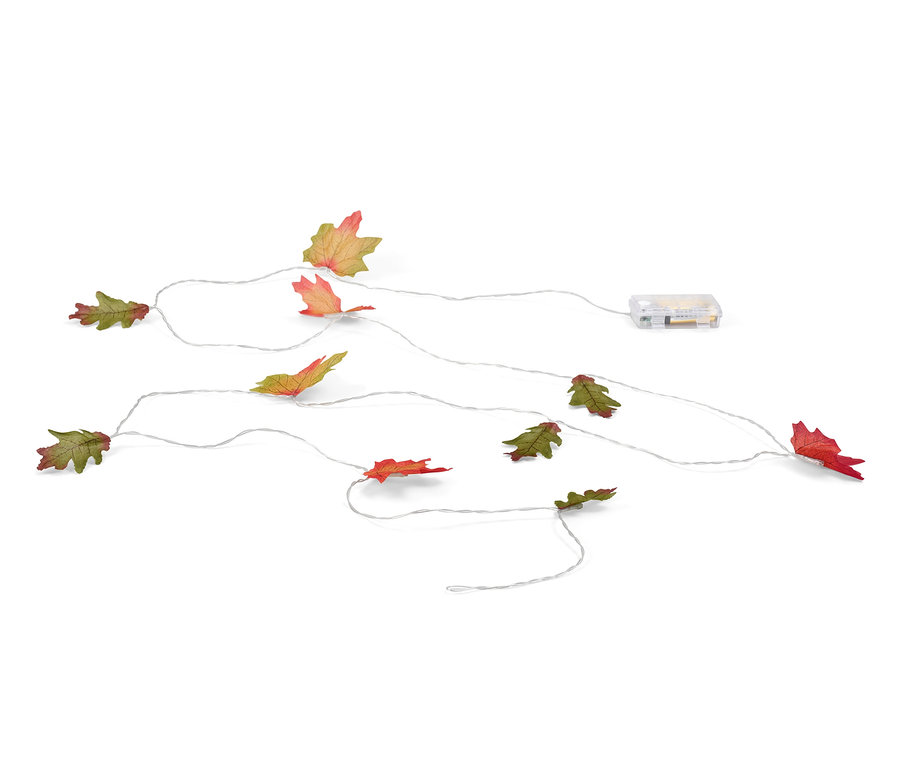 Guirlande lumineuse à LED « Feuilles » avec des feuilles d'automne colorées sur un fond blanc.