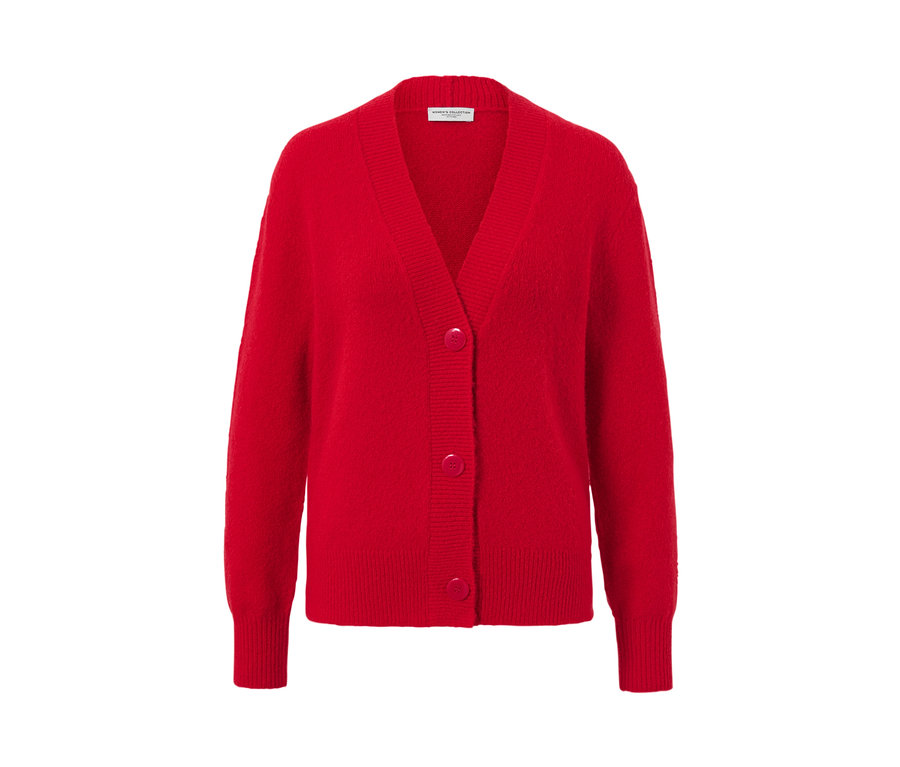 Cardigan rouge à col en V avec boutons.