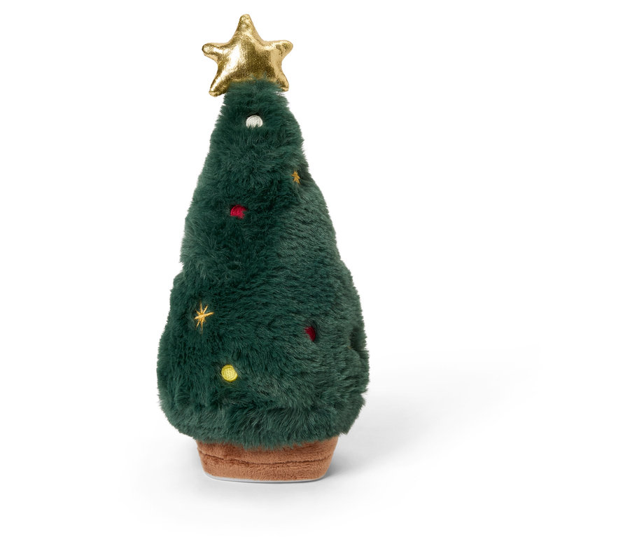 Un arbre de Noël en peluche avec une base marron et une étoile dorée sur le dessus.