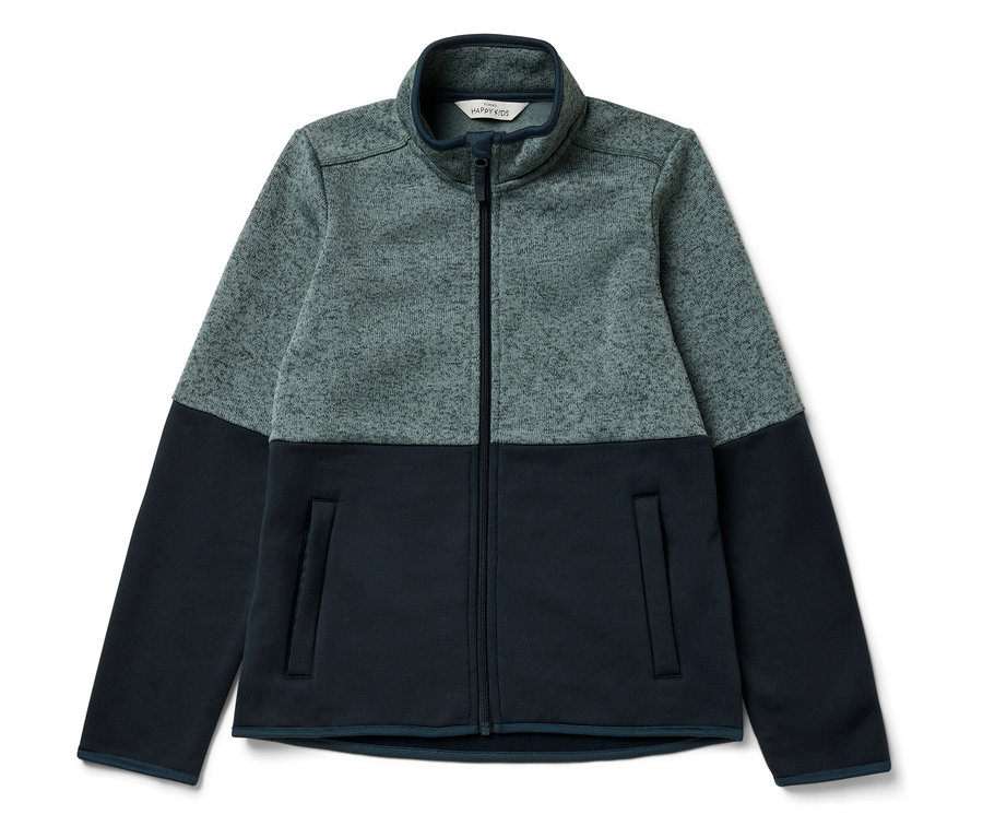 Veste hybride en maille polaire bleu-gris pour enfants avec fermeture éclair intégrale.