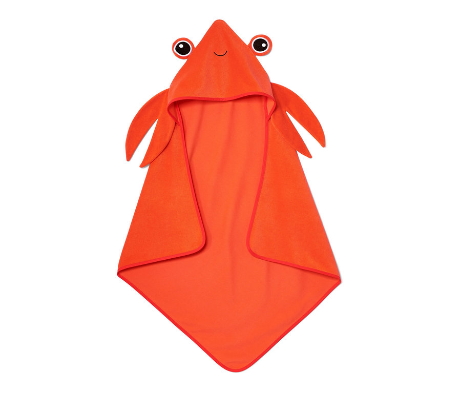 Serviette à capuche orange en forme de crabe.