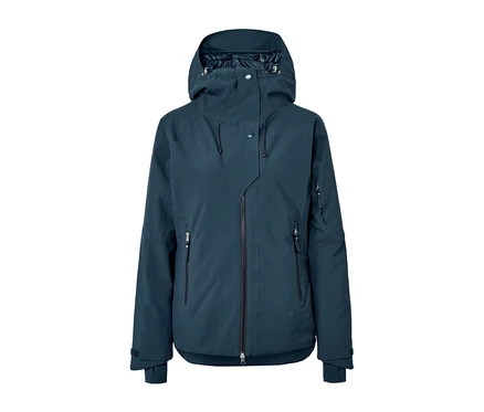 Veste de ski bleu marine sur fond blanc.