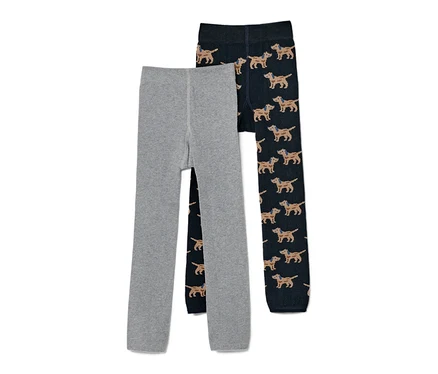 Deux leggings en maille pour enfant avec broderie, un gris, l'autre bleu marine avec un motif de chien.