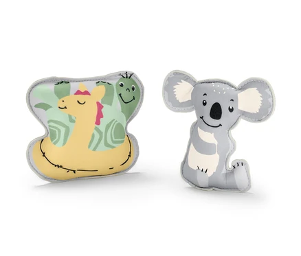 Deux petits animaux à immerger : un lion de mer jaune et un koala gris.