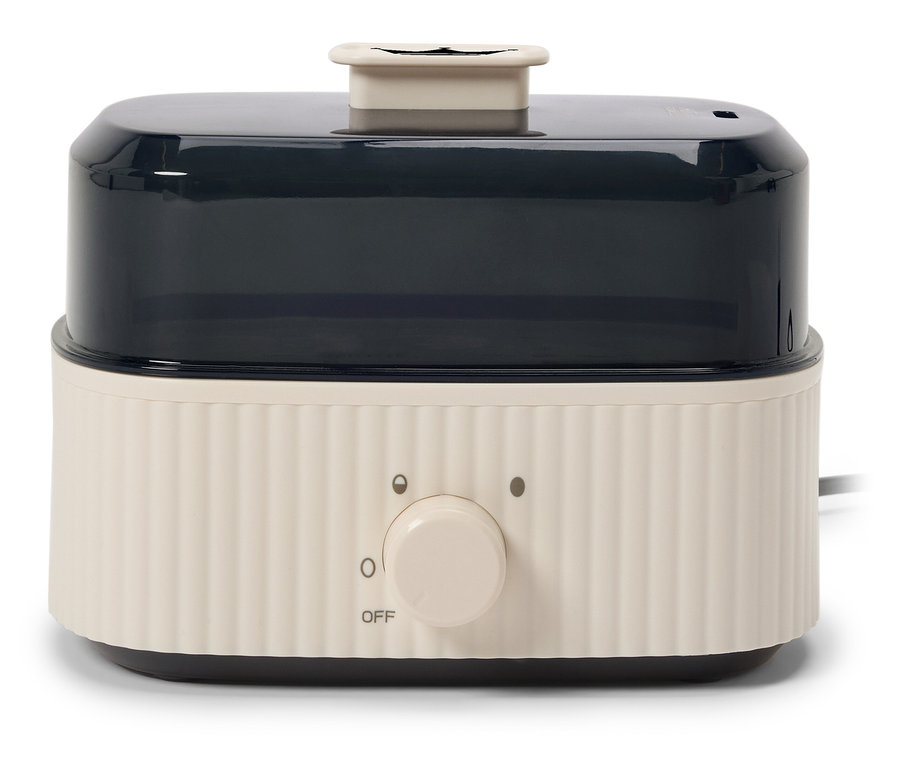 Cuiseur vapeur blanc avec récipient transparent noir et bouton rotatif.