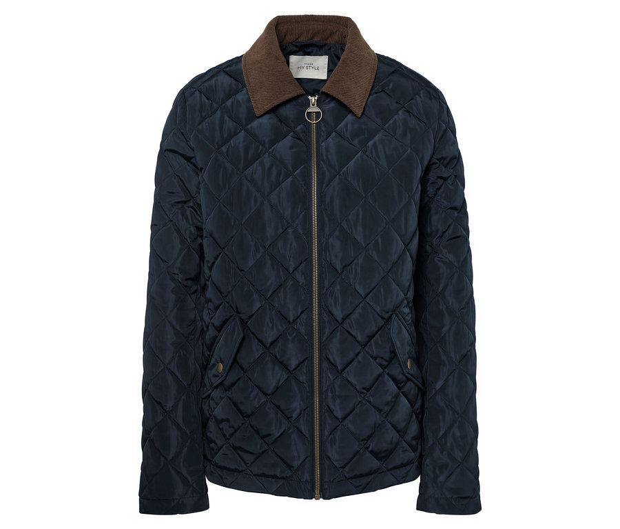 Veste matelassée bleu marine avec col en velours côtelé marron et fermeture éclair dorée.