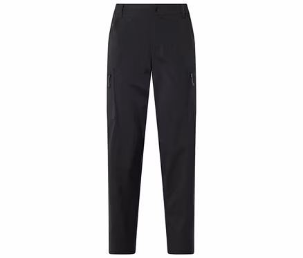 Pantalon noir avec poches zippées sur les côtés, posé à plat sur un fond blanc.