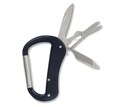 Outil multifonction noir ouvert avec mousqueton, couteau, ciseaux et lime.