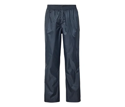 Pantalon de pluie bleu marine avec taille élastique, posé à plat.