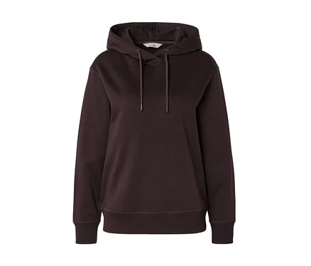 Sweat à capuche marron foncé avec cordons assortis à embouts métalliques, poignets et ourlet côtelés. Une petite étiquette blanche 'ACTIVE' est visible à l'intérieur du col.
