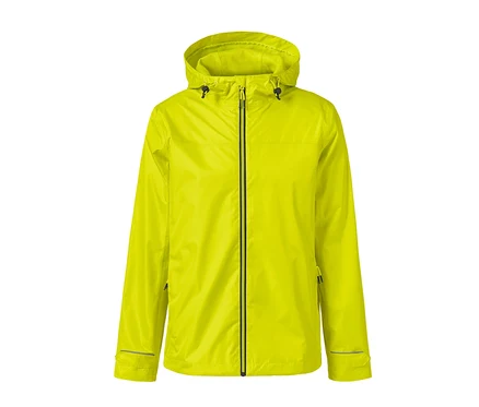 Veste de pluie jaune avec fermeture éclair au centre.