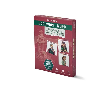 Boîte du jeu d’enquête « Codewort: Mord – gefangen im Leuchtturm » (Mot de passe : meurtre – enfermés dans le phare, en allemand) avec des illustrations.