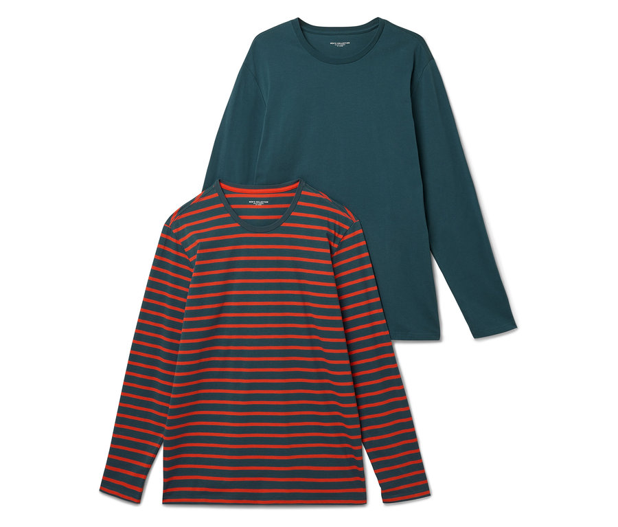 Deux t-shirts à manches longues : un vert et un avec des rayures rouges sur fond gris foncé.