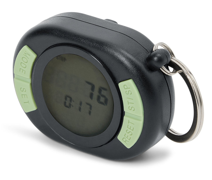 Podomètre noir avec porte-clés affichant des chiffres à l'écran.