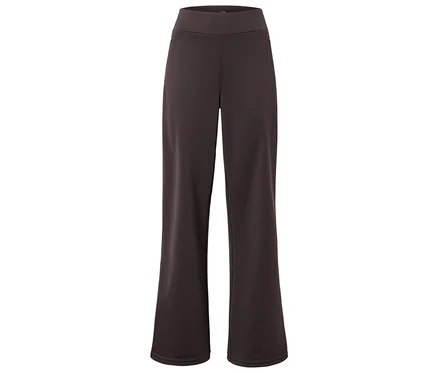 Pantalon évasé marron foncé à taille haute sur fond blanc.
