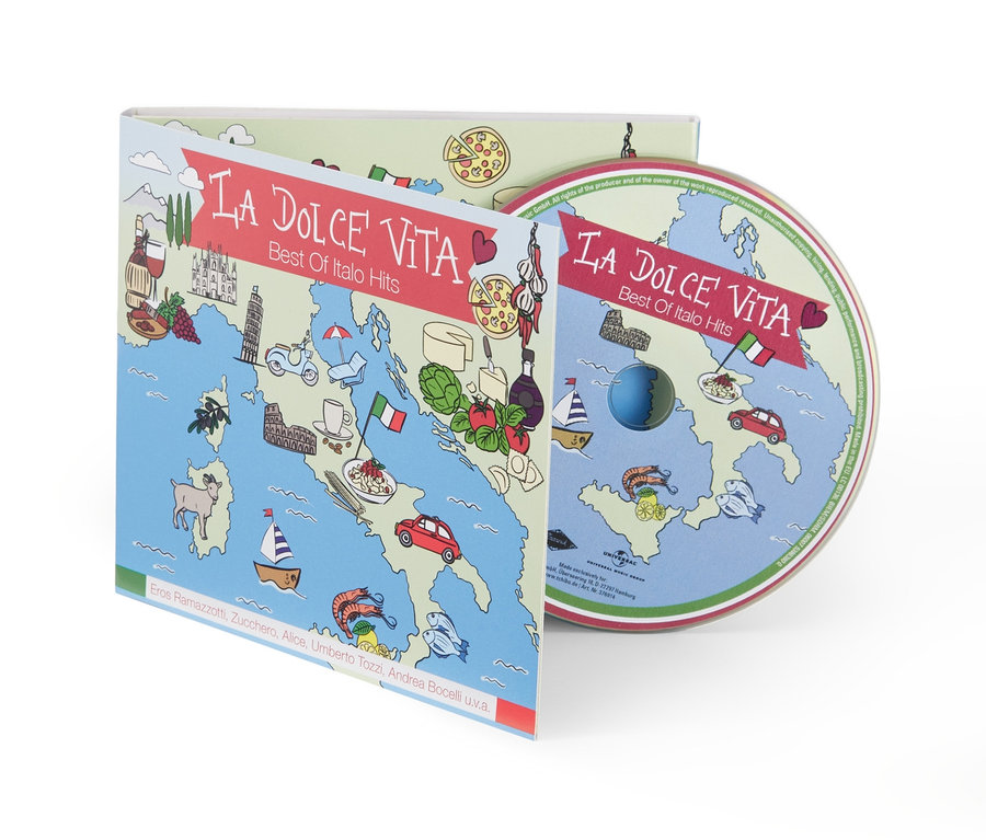 CD « La Dolce Vita » avec une carte d'Italie dessinée.