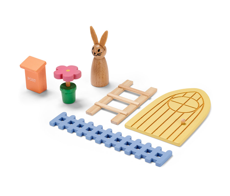 Set porte de lutin de Pâques : lutin en bois, porte, échelle, clôture, fleur et boîte aux lettres.