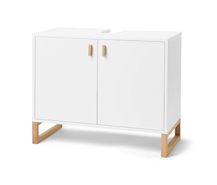 Meuble sous-vasque blanc avec deux portes et pieds en bois clair.